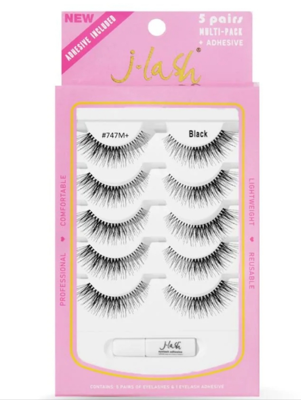 J-lash 5-Pair Black False Eyelashes Multi-Pack w/Adhesive